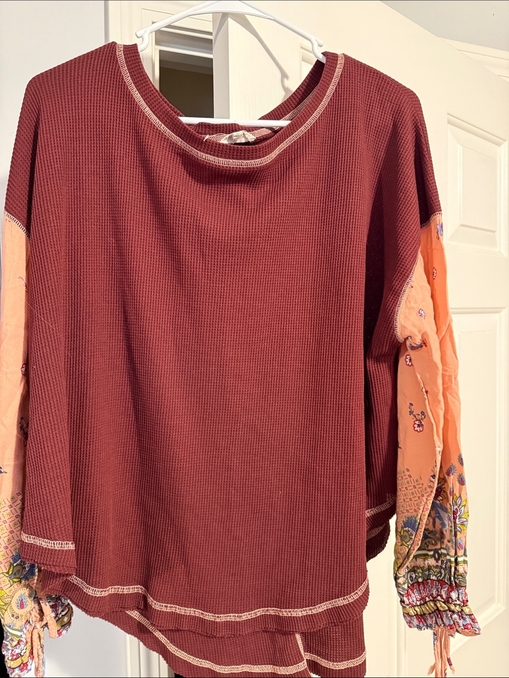 In Loom Waffle Knit Peasant Sleeve Top